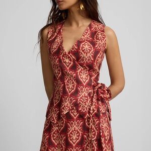 NWT Silbon RED Linen PRINTED Sleeveless wrap top with bow Size S